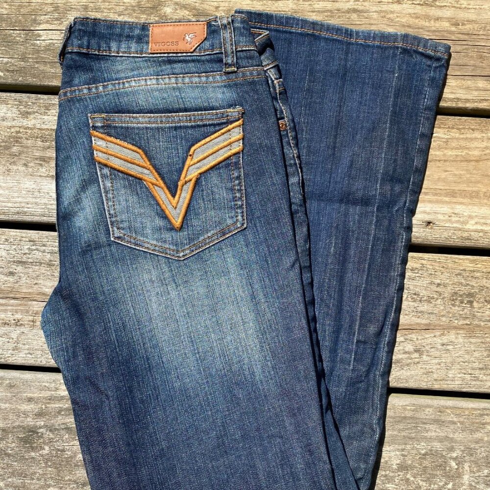 Vigoss Jeans Boot Cut Blue Embroidered V Pockets Womens Vintage Size 11